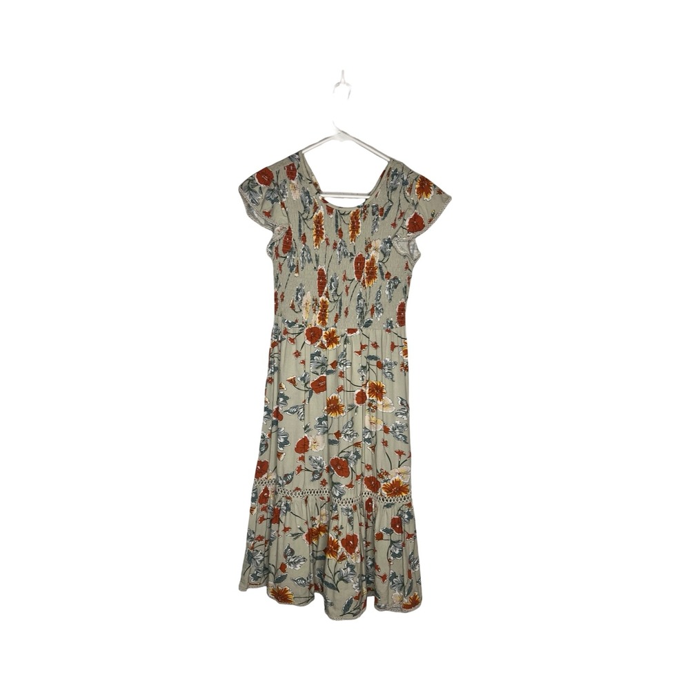 Patrons of Peace Floral Smocked Midi Dress Sage Green Flutter Sleeve J1928F58 S
